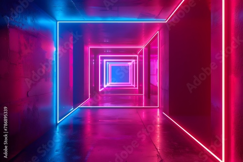 Mesmerizing Neon Geometric Tunnel:Futuristic Laser Light Backdrop for Nightclub Stage or Art Installation