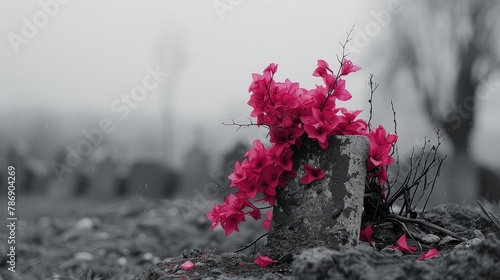 A black and white photo of a gravestone with a vivid pink flower wreath on it.