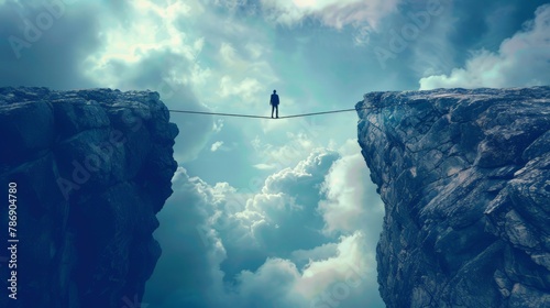 A silhouetted figure undertakes a precarious tightrope walk between two high cliffs above the clouds, symbolizing challenge and bravery.