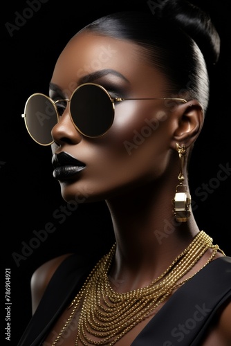 A woman exudes sophistication in a sleek black dress adorned with elegant gold jewelry