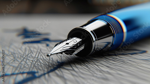 Macro shot of a blue fountain pen nib writing on paper