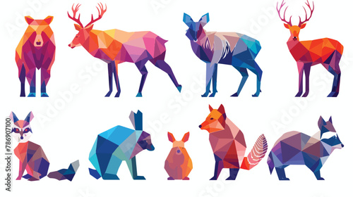 Low poly color gradient line animals set. Origami pol
