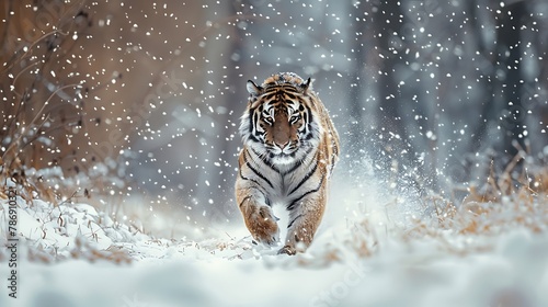 Tiger in wild winter nature. Amur tiger running in the snow. Action wildlife scene with danger animal. Cold winter in tajga Russia 