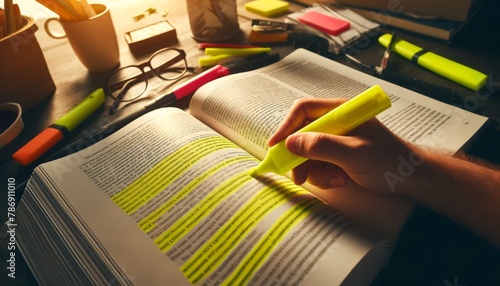 A close-up of a person's hand underlining key sentences in a thick textbook with a bright yellow highlighter.