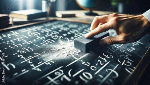 A close-up of a person's hand erasing a portion of a mathematical equation on a black chalkboard, with chalk dust softly falling.