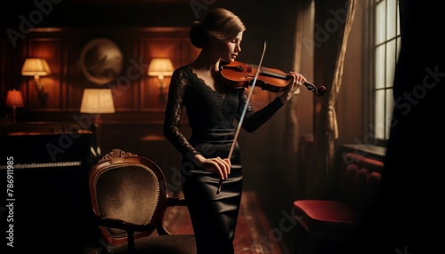 A woman in a black lace top and pencil skirt, playing a violin in a dimly lit, intimate music room.