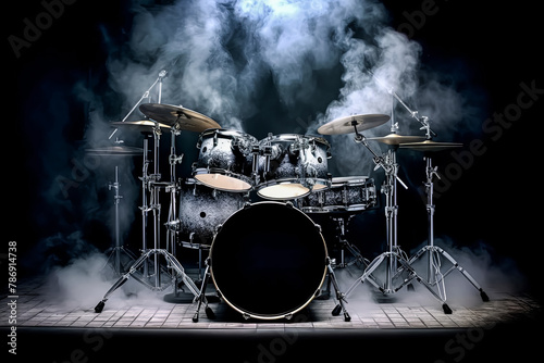 A close up of a drum set with a fire in the background.