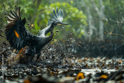 Anhinga Bird Splashing Water in Wild Habitat.
