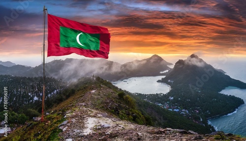 The Flag of Maldives On The Mountain.