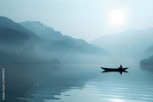 A single fisherman sits in a small boat, fishing in the still waters of a misty lake, enveloped in a peaceful, serene atmosphere..