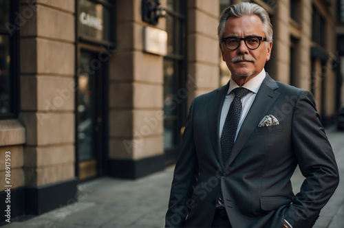 Stilsicherer reifer Geschäftsmann in maßgeschneidertem Anzug vor dem Hintergrund eines geschäftigen Büroviertels