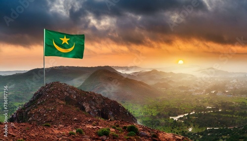The Flag of Mauritania On The Mountain.