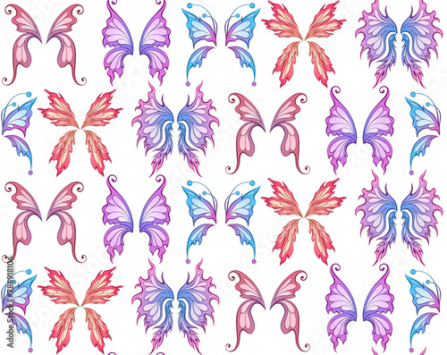 Vector seamless magic pattern with cartoon fairy wings on a white background. Neon texture with butterfly wings for fabrics and wallpapers
