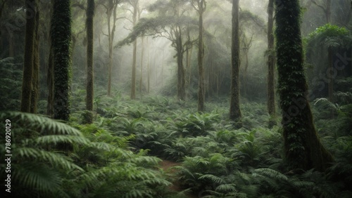 High-resolution image of a green, foggy, and misty rain forest full of vegetation. 