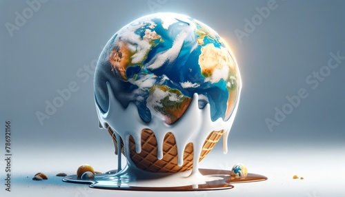 An image depicting Earth as a melting ice cream cone, with various continents visible on the surface of the scoop.