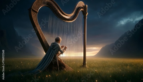 In an expansive, softly-lit meadow under a twilight sky, a character dressed in a timeless, rustic outfit is attentively tuning a giant harp.
