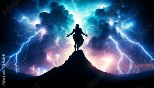 An evocative image depicting the silhouette of Zeus outlined against a brightly illuminated sky filled with lightning strikes.