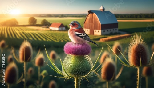 A tiny finch sitting atop a thistle, with a barn and farmland stretching out behind it.