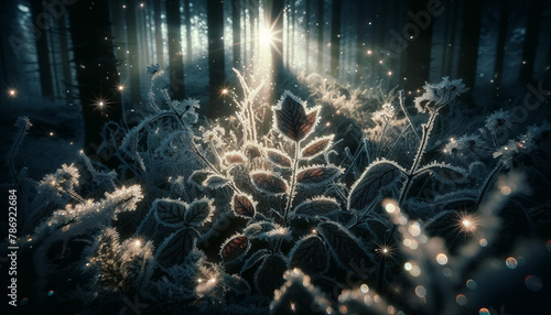 Enchanting Forest Underbrush Frosted in the Winter Morning Light