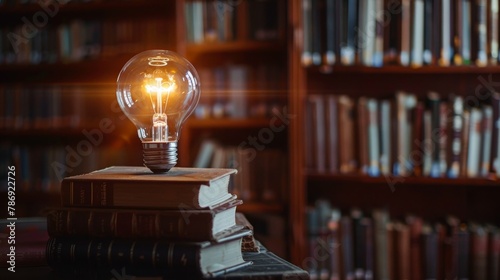 A light bulb on books in a library. The power of knowledge