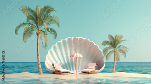 Minimalist and stylized design of a seashell cross-section, featuring an internal picturesque beach setup with deck chairs and palm trees, perfect for a summer concept