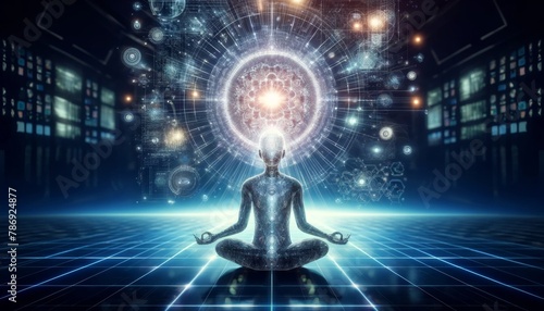 Visualizing a person seated in a lotus position, suggesting meditation, with a complex array of lights and holographic projections emanating from thei.