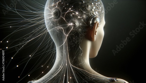 An elegant and sophisticated neural link device attached to the back of a person's head, where the skin and machinery merge organically.