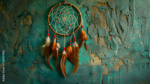 Dream catcher with feathers threads and beads rope hanging, Beautiful handmade dreamcatcher, beautiful dreamcatcher on the green wall