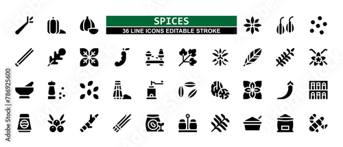 36 Spices Line Icons Set Pack Editable Stroke Vector Illustration.