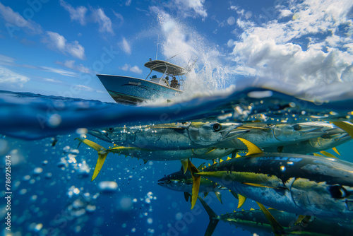 Fishermen on a small boat above a large school of fish captured in a stunning split underwater and above water shot in the open ocean.