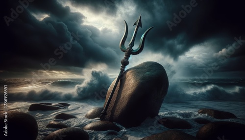 A tarnished bronze trident leaning against a large, jagged boulder with a backdrop of an angry, stormy sea.