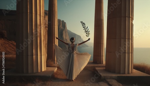 A graceful figure in a pleated tunic, standing with arms outstretched towards the sky, a laurel branch in hand, with the Mediterranean sea and cliffs .