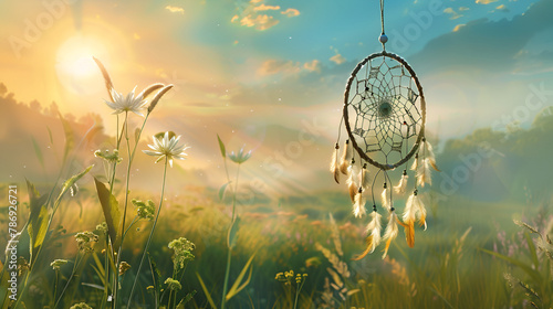 Beautiful dream catcher on nature background with lights, Dream catcher with feathers in the sunlight, A dream catcher, hanging from a twig, with the evening sun, warm and nostalgic background