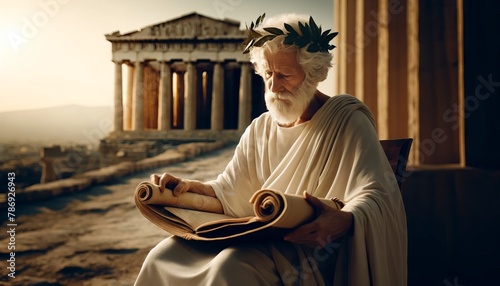 An elderly man in classical Greek attire, a toga and a wreath of laurel leaves, sits in a contemplative pose with an open scroll on his lap.
