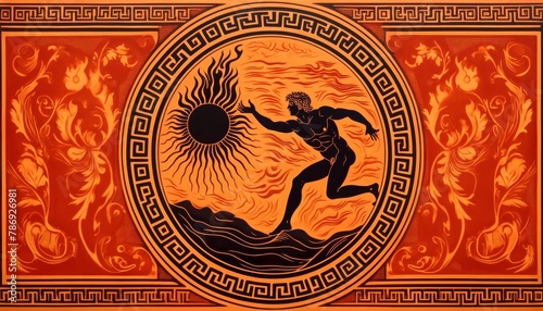 An ancient Greek pottery style image, depicting Prometheus reaching towards the sun, stealing a fiery ember to bring down to humanity.