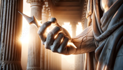 A detailed shot of Zeus' hand, the texture of the marble emphasized by the sunlight, conveying the sense of omnipotent power.