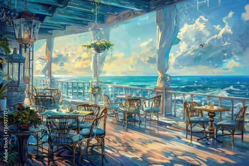 a painting of a restaurant overlooking the ocean