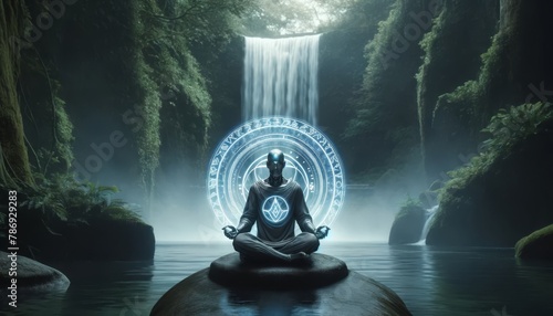 A futuristic monk in deep meditation beside a waterfall, with holographic symbols floating around.