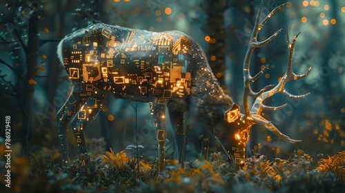 Capture the essence of a metallic deer grazing on pixelated grass in a cybernetic forest Show intricate details in CG 3D rendering elevating the surrealism