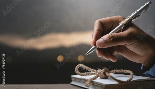 Hand with red pencil tied with rope, depicting the idea of freedom of the press or freedom of expression on dark background in low key. international human rights day concept