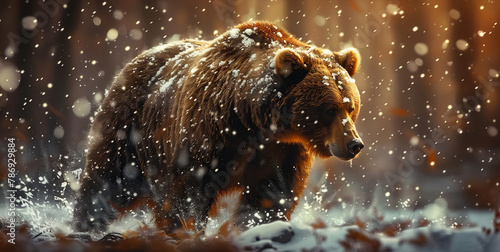 A brown bear, a terrestrial animal, with fur walking through snowy woods
