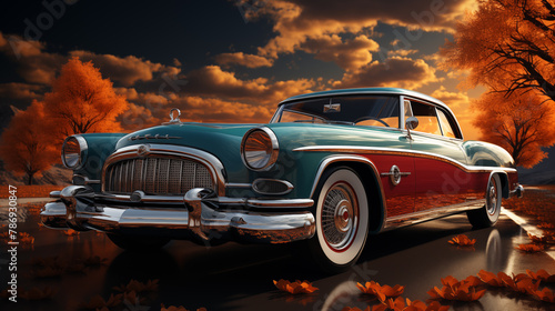 Retro style car, with its polished finish, cruises the highway. Retro style car's timeless design brings back memories. Every detail of the retro style car exudes classic charm.