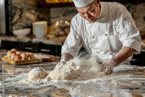An chef adeptly kneading dough on a immaculate marble countertop, surrounded by carefully arranged baking ingredients and culinary tools.