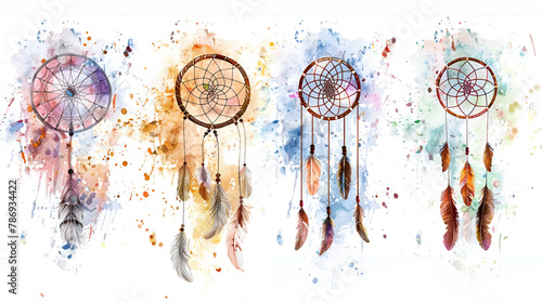 Abstract of dreamcather with colorful watercolor in hand drawn. Concept of belief in amulet decorated by feathers with net handmade Dream catcher with abstract bright beautiful feathers