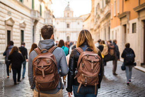 A tourist couple with backpacks walk down a narrow, bustling alleyway, exploring the local culture and sights surrounded by tourists and historic architecture.