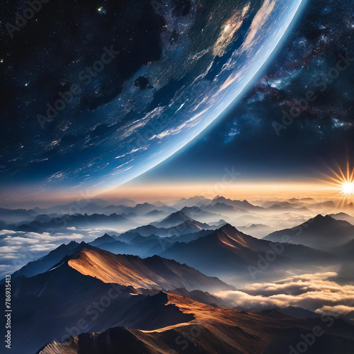 Surreal landscape with Earth, stars, and a glowing sunrise above misty mountains and clouds