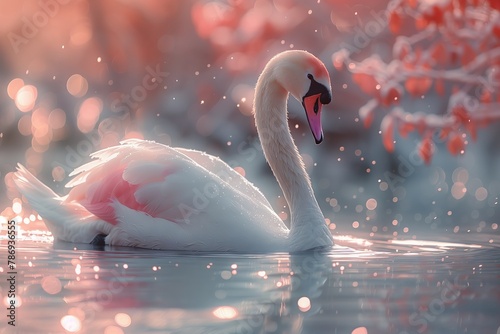 A white swan with a pink beak gracefully swims in the liquid