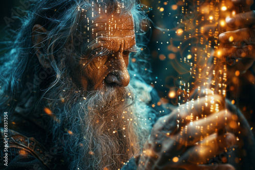 An image of a sorcerer using a magical staff that doubles as a coding device, writing lines of encha