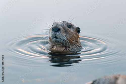 A depiction of a lemming pausing momentarily at the water's edge, the reflection of the sky in its e