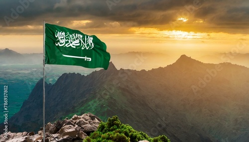 The Flag of Saudi Arabia On The Mountain.